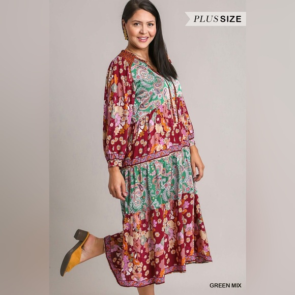 NWT Umgee Boutique Boho Hippy Floral Print Dress S-2X green burgundy mix - Picture 6 of 16